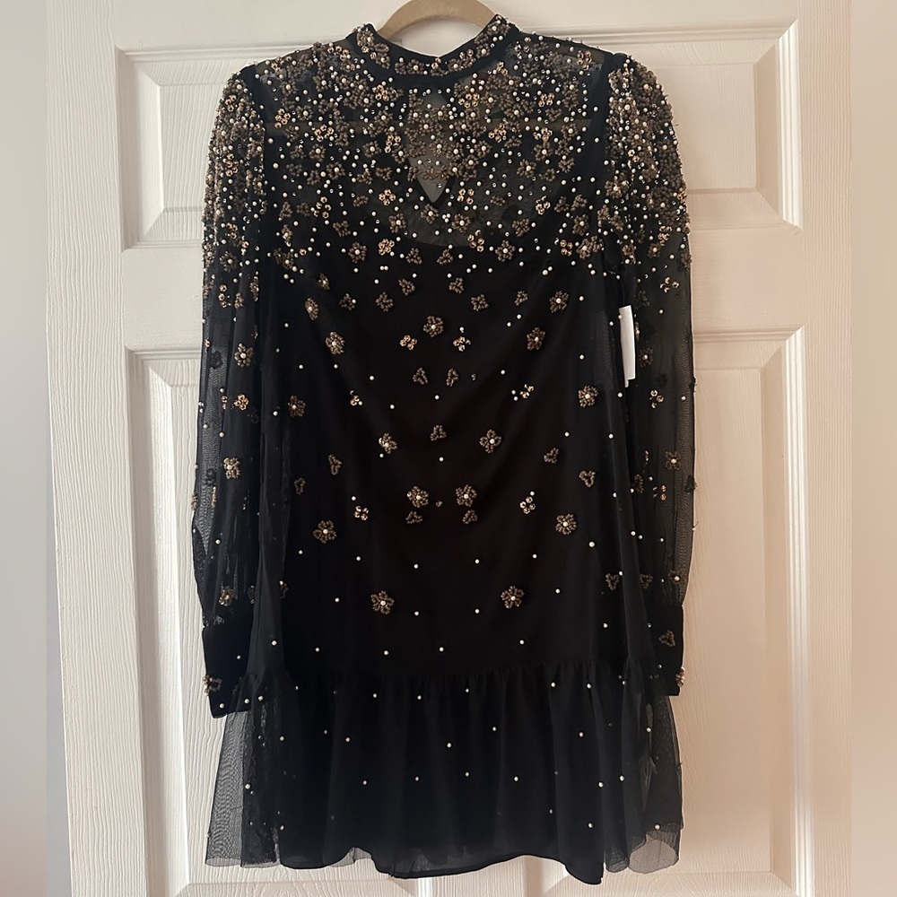 Farm Rio Black/Gold Embroidered Tulle Overlay Minidress - Picture 4 of 6